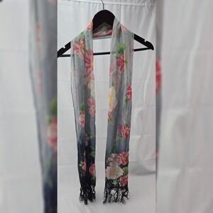 VTG Lauren Ralph Lauren Black Multicolor Floral Semi sheer Fringed Oblong Scarf